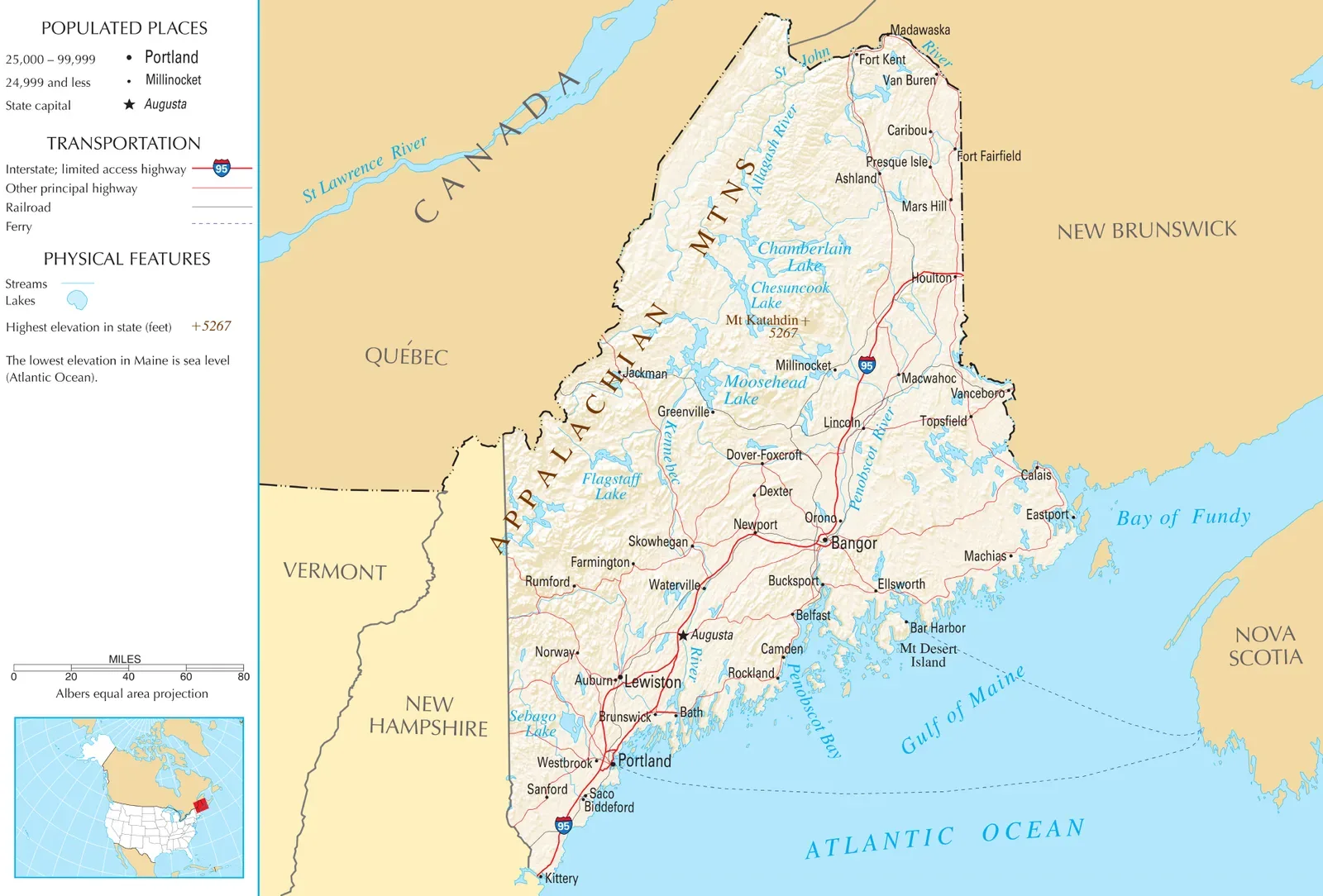 Political map of Maine showing state boundaries, county divisions, major cities, and geographic features in standard cartographic style.