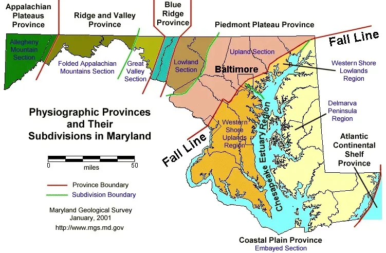 Political map of Maryland showing county boundaries and regional divisions, with Baltimore city marked in the central portion and rural counties surrounding it.