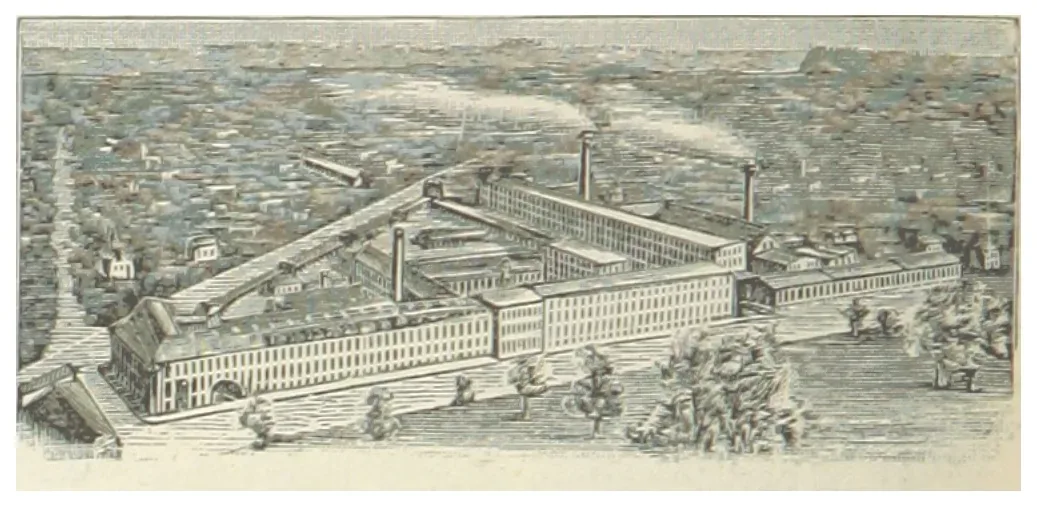 Historical photograph of the Winchester Repeating Arms Company factory building in New Haven, Connecticut, circa 1891, showing the exterior industrial facility with multiple stories and Victorian-era architecture.