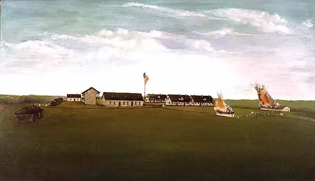 Oil painting by James McGrew depicting Fort Ridely during the 1862 Dakota War, showing the fort under attack with smoke and flames visible.