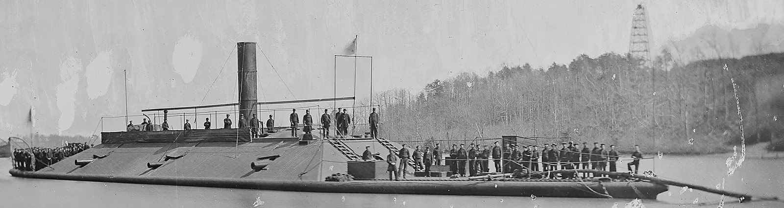 The ironclad warship CSS Atlanta, a Confederate ram, shown on the James River after its capture by Union forces during the American Civil War.
