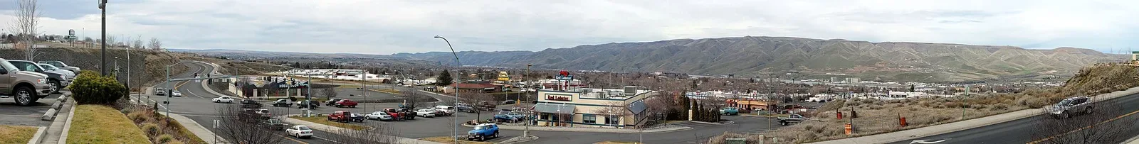 Panoramic photograph of Lewiston, Idaho and Clarkston, Washington separated by the Snake River, showing the city layout and geographic setting of the Lewiston area