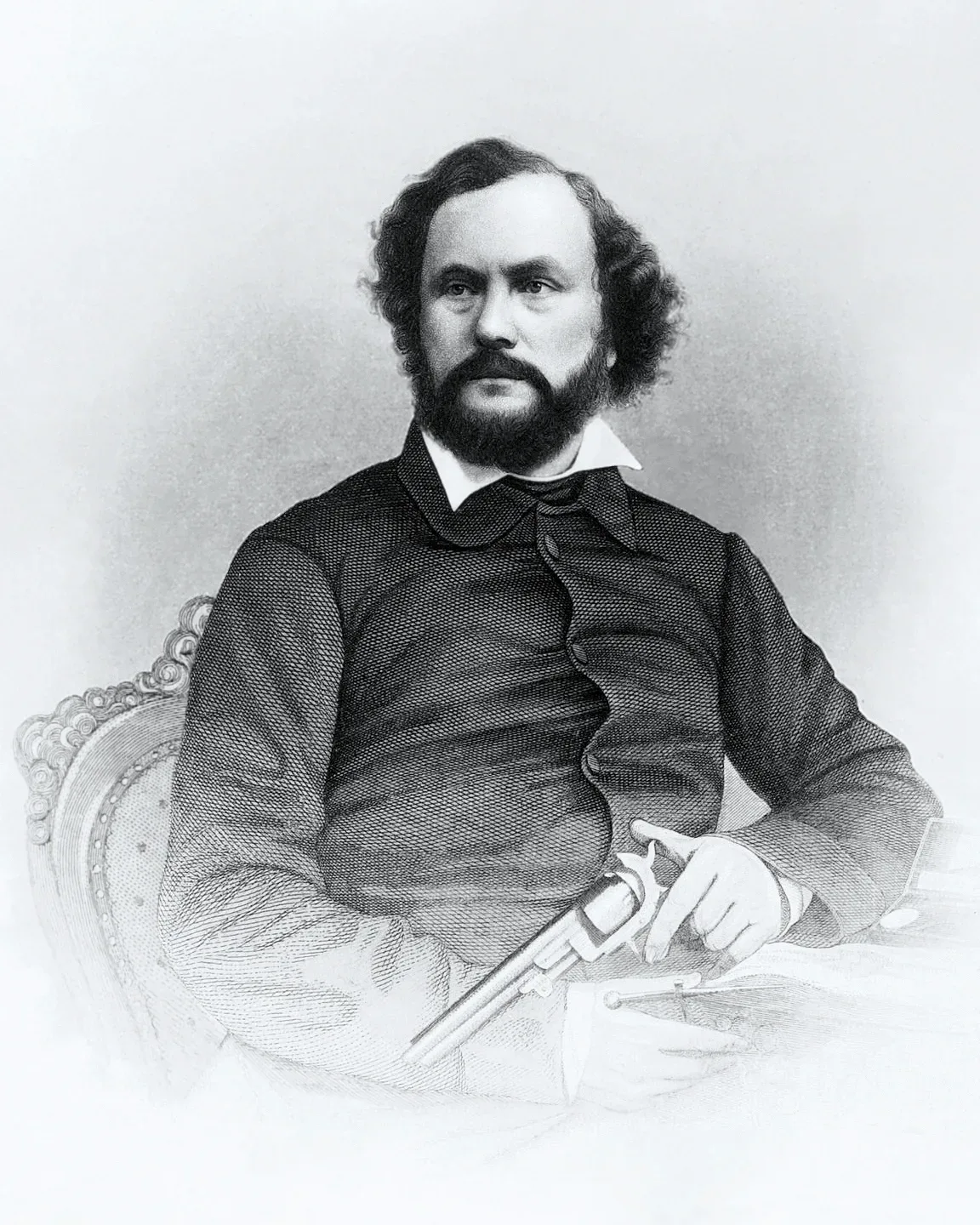 Black and white engraving portrait of Samuel Colt, showing a man in formal 19th-century attire with distinctive facial features, created by John Chester Buttre around 1855.