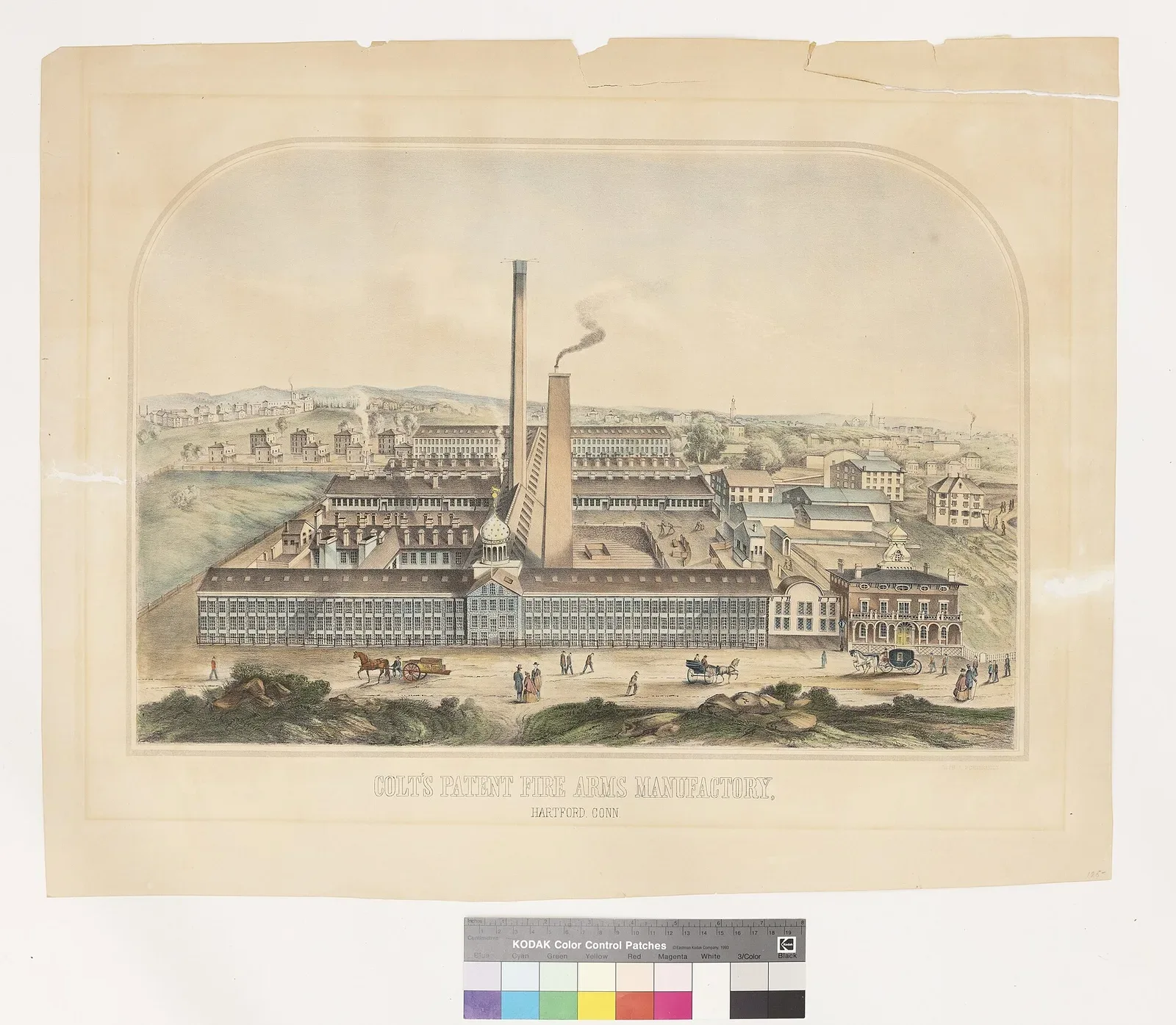 Historical illustration of Colt's Patent Firearms Manufactory in Hartford, Connecticut, showing the multi-story brick factory building complex with surrounding structures and landscape.