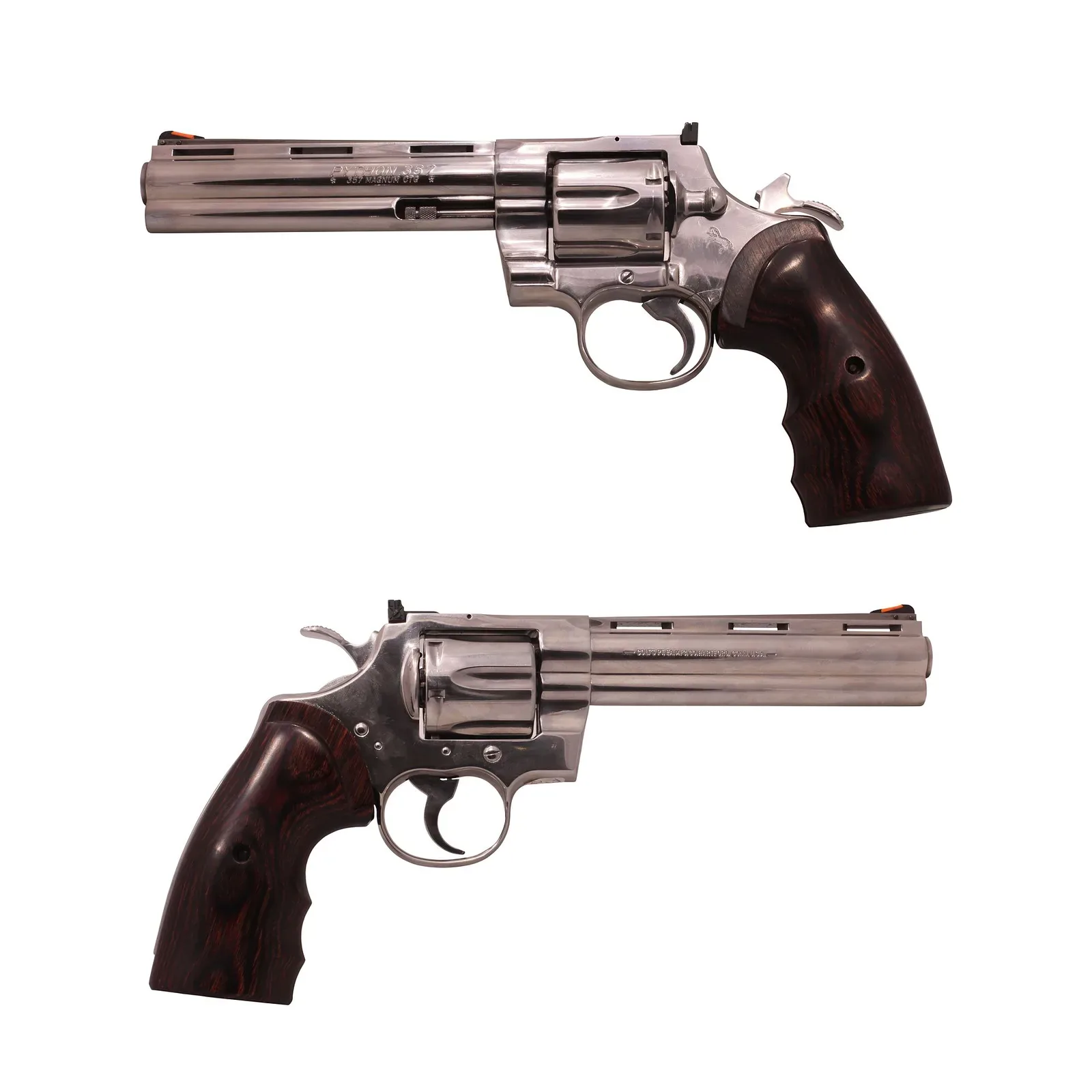 A nickel-finished Colt Python revolver displayed against a neutral background, showcasing the weapon's full profile with its distinctive ventilated rib barrel and ergonomic grip.