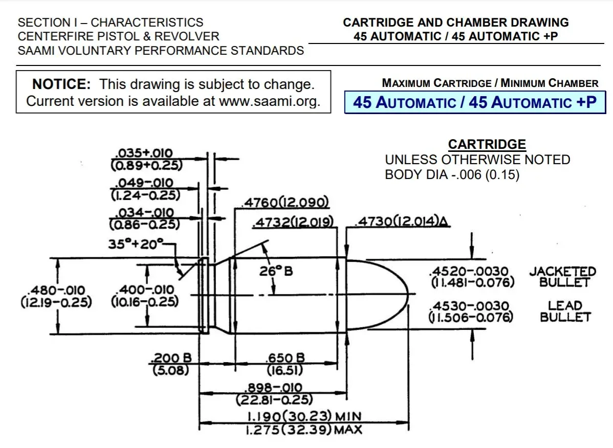 SAAMI technical drawing of .45 ACP cartridge showing industry standard specifications and dimensions