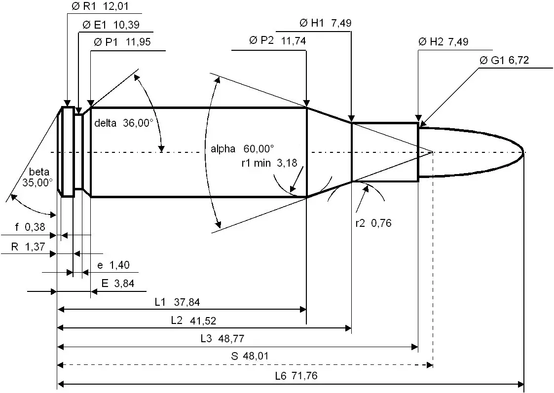 Technical diagram showing 6.5mm Creedmoor cartridge maximum C.I.P. dimensions with measurements in millimeters