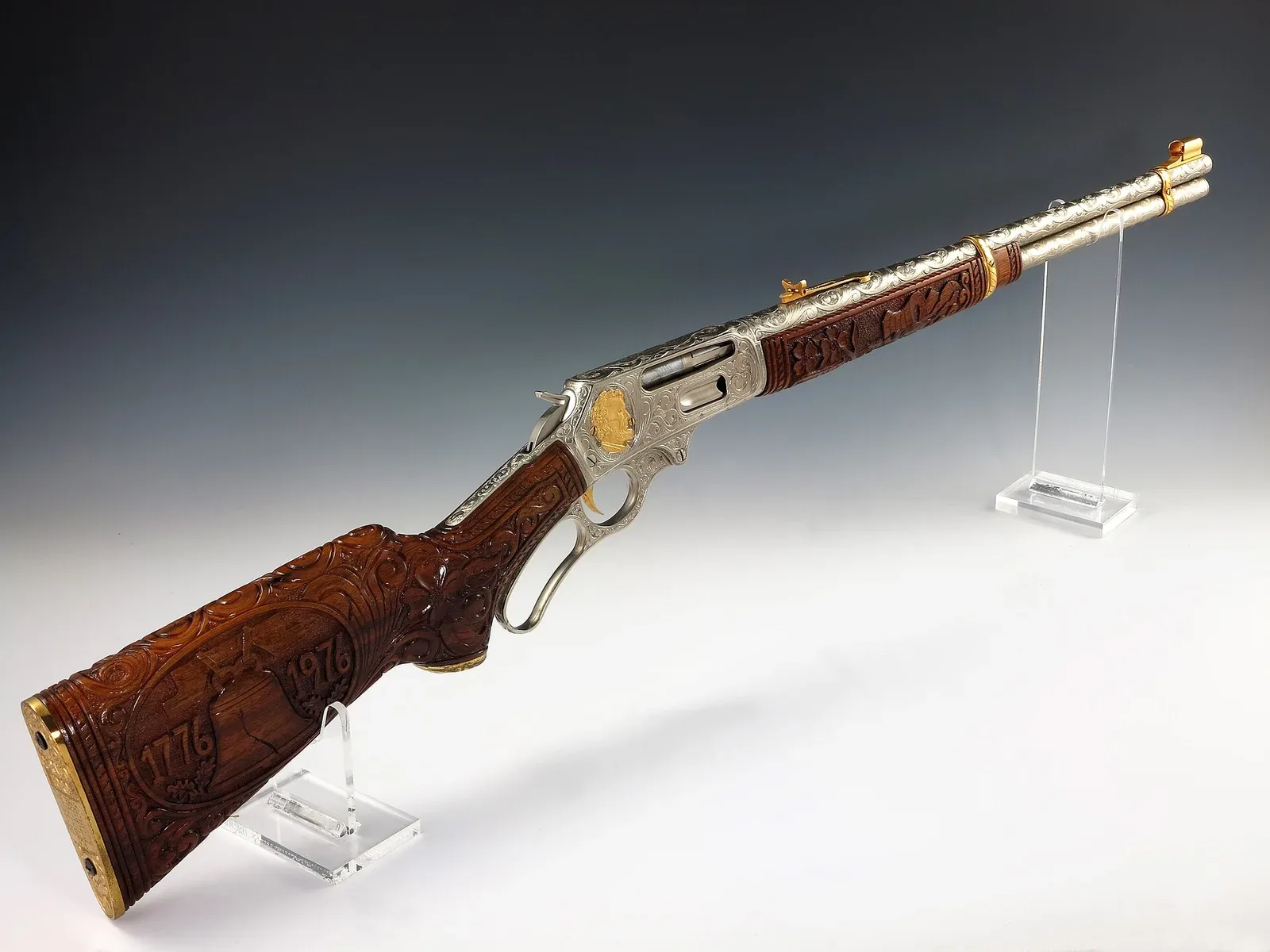 A Marlin Model 336 rifle in .30-30 Winchester with engraved receiver depicting American historical scenes, commemorating the United States Bicentennial.