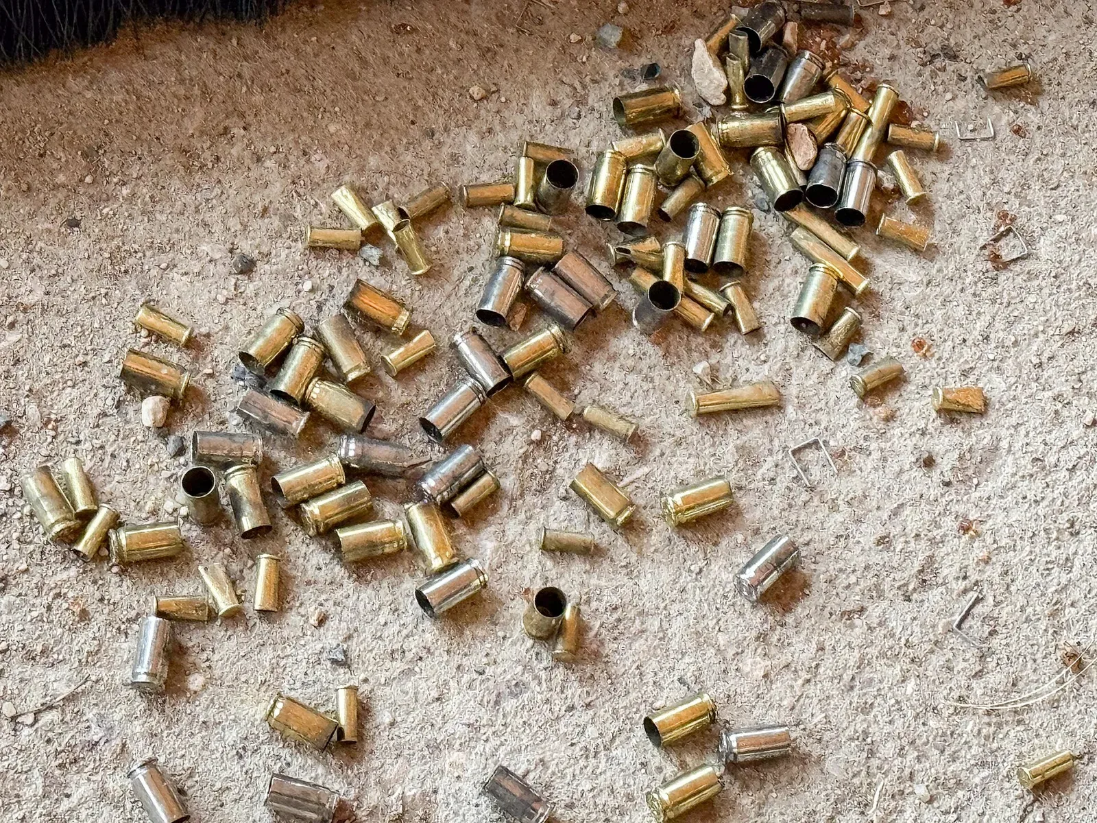 Scattered brass shell casings on the ground at a gun range, showing the typical spent cartridge cases from ammunition firing