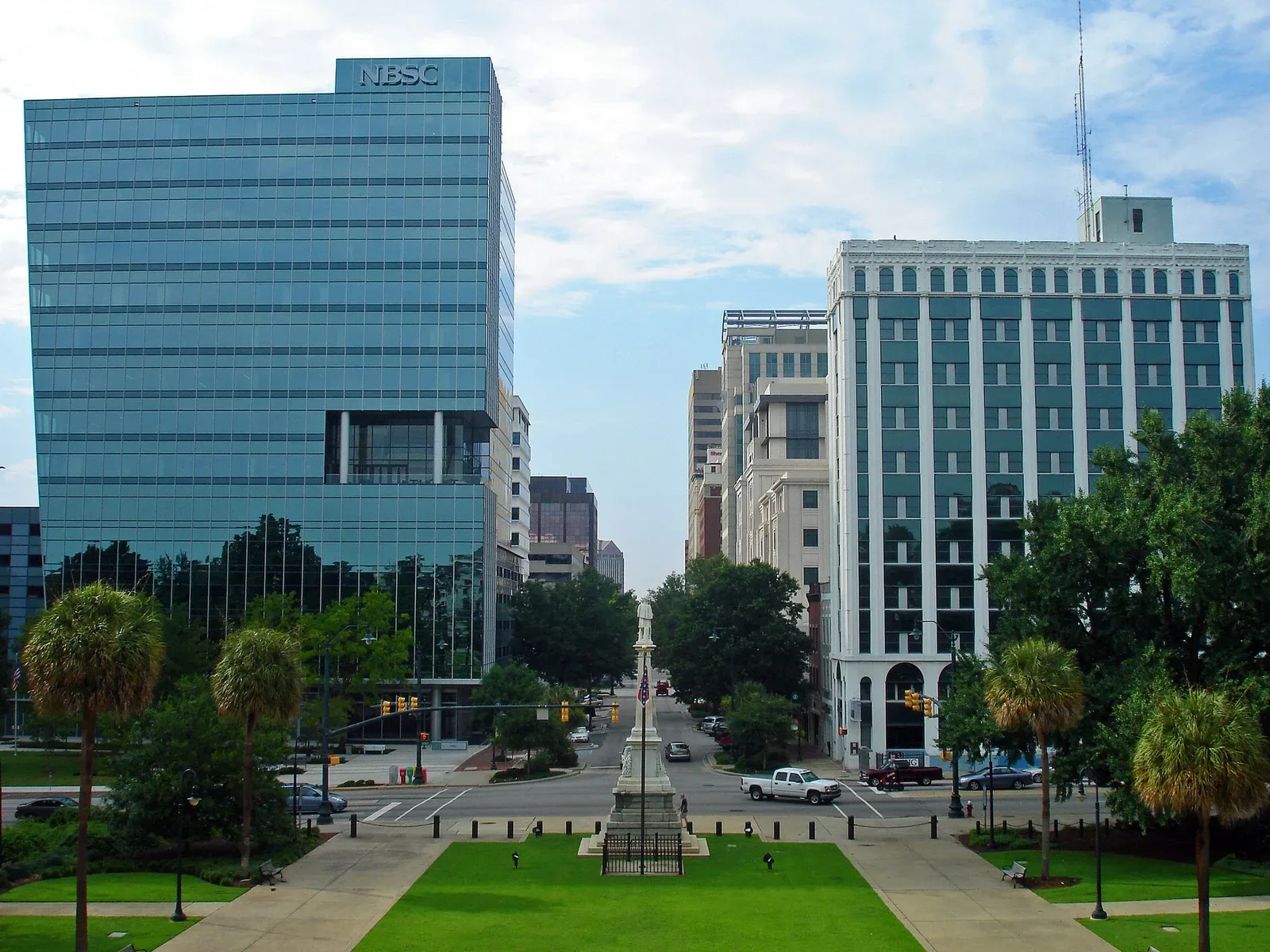 View down Main Street from the steps of the South Carolina State House, showing downtown Columbia street scene and buildings
