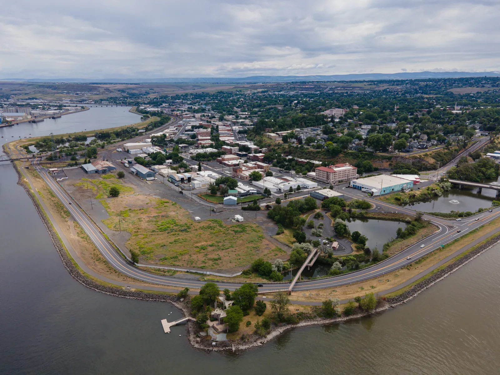 Aerial drone photograph of Lewiston, Idaho showing the city layout, surrounding terrain, and geographic context