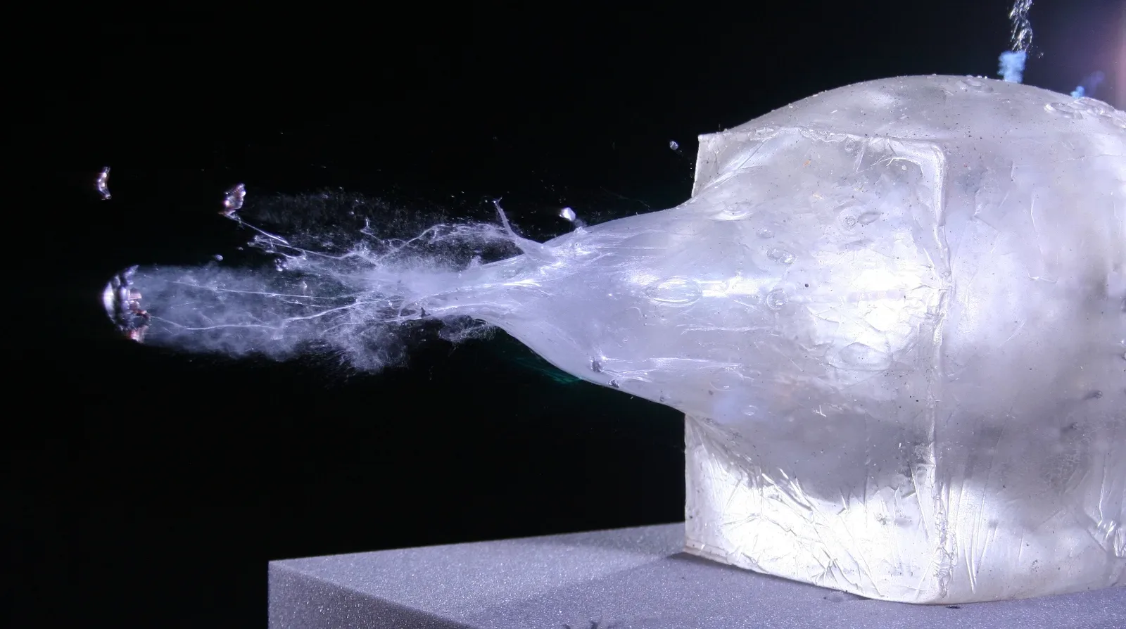High-speed photography showing a Federal Power-Shok bullet entering ballistic gel, capturing the initial impact and temporary wound cavity formation