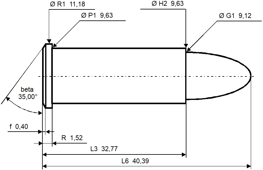 Technical diagram showing .357 Magnum maximum C.I.P. cartridge dimensions with measurements in millimeters