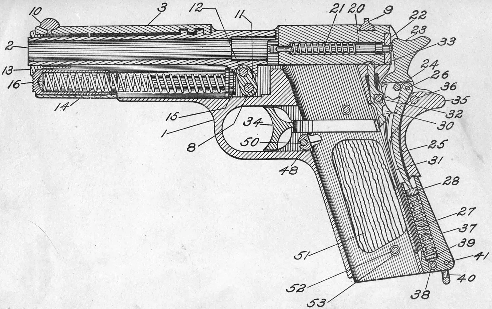 Cross-section technical diagram of a U.S. Army Colt Model 1911 semi-automatic pistol showing internal mechanical components, springs, and firing system.