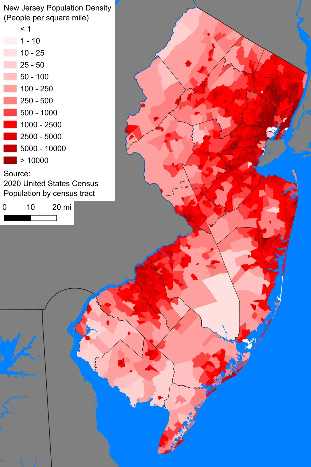 Map of New Jersey showing population density by census tract from the 2020 U.S. census, with darker shading indicating higher population concentrations.