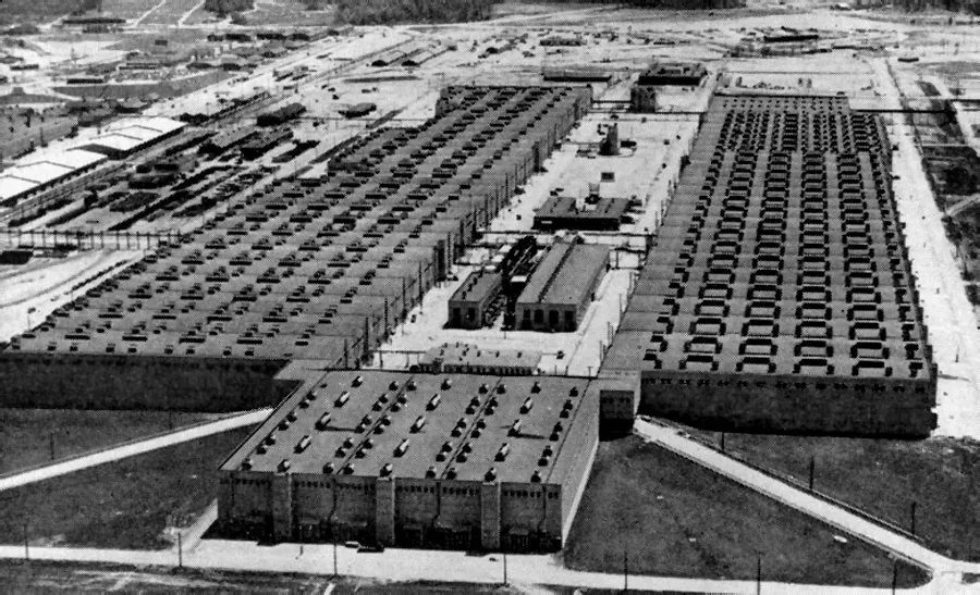 Aerial photograph of the K-25 Gaseous Diffusion Plant at Oak Ridge, Tennessee, showing the large industrial facility from above