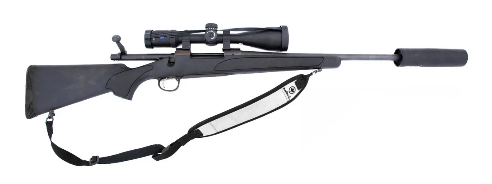 Remington Model 700 bolt-action rifle chambered in .30-06 Springfield, fitted with a telescopic scope and suppressor.