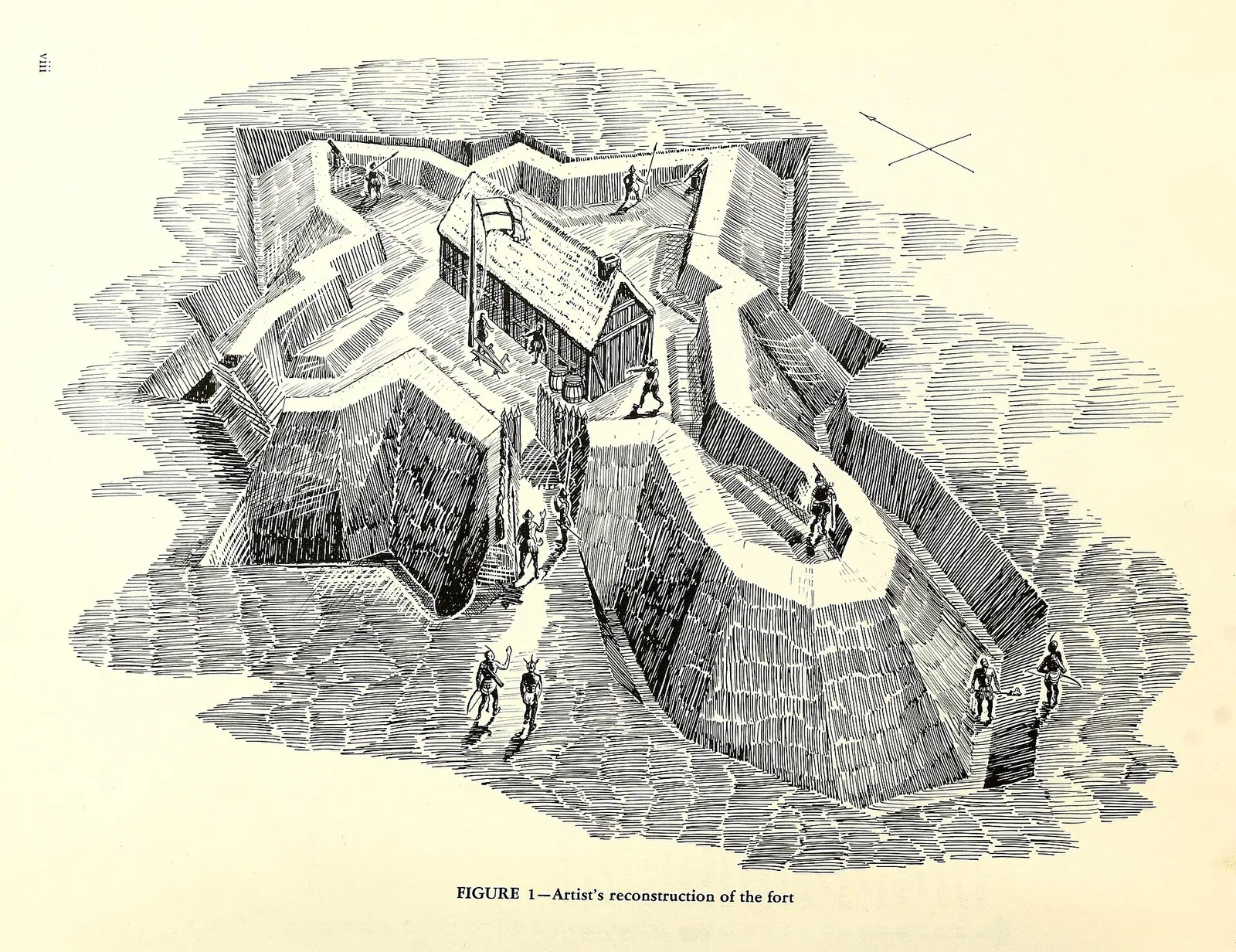 1962 artist's reconstruction illustration of Fort Raleigh, showing the wooden palisade fortification and internal structures built by the English colonists during the 1585-1587 Roanoke expeditions