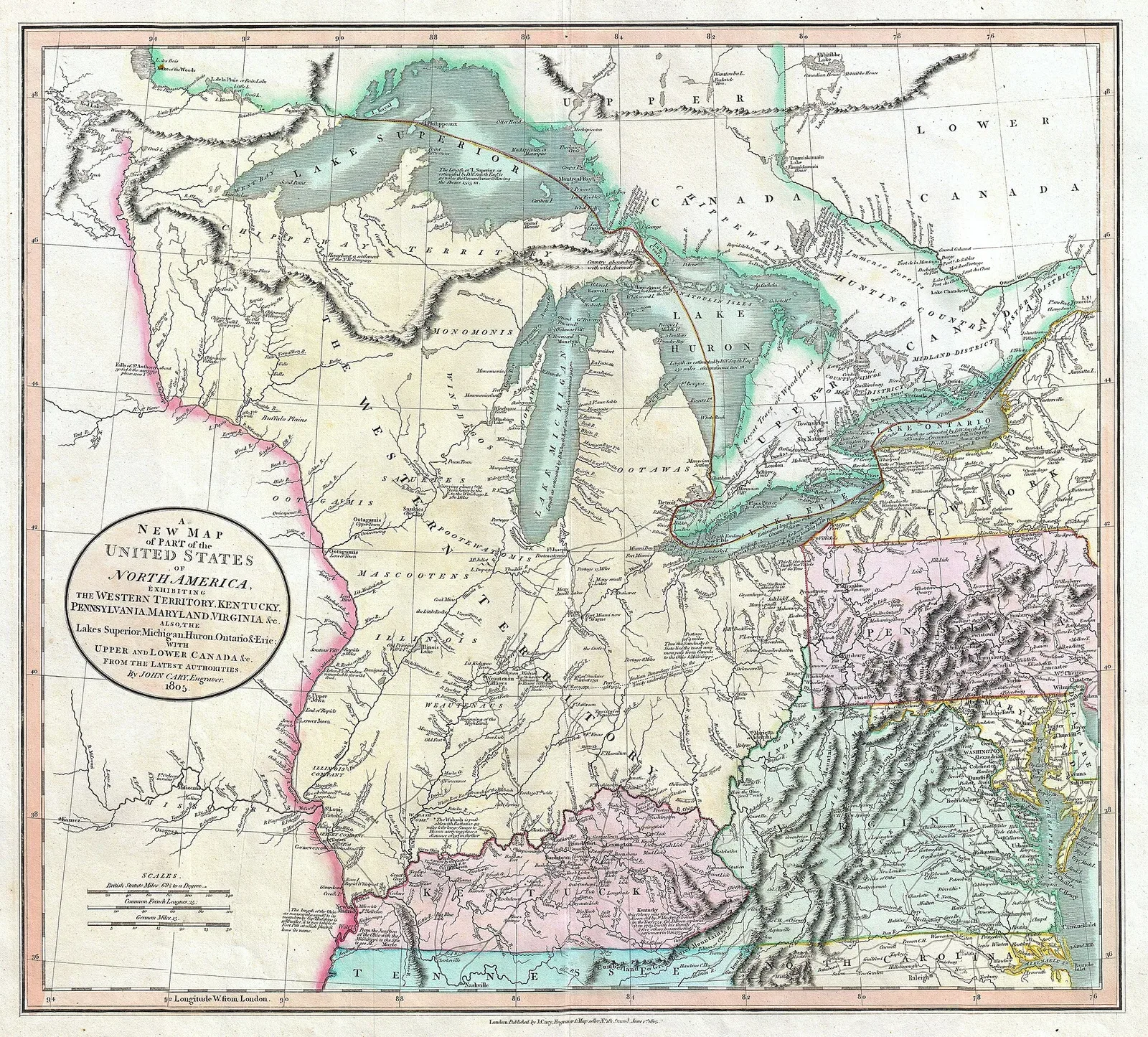 1805 Cary Map of the Great Lakes and Western Territory showing Kentucky, Virginia, Ohio, and surrounding regions, published by John Cary