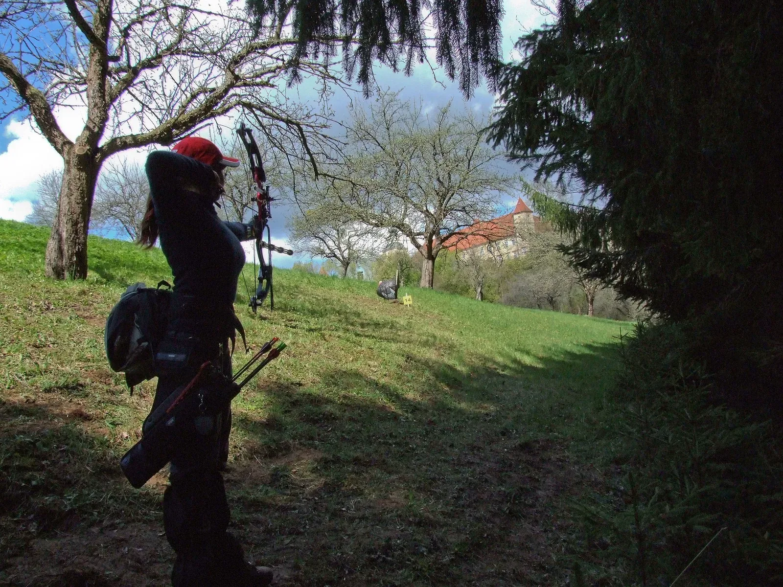 Multiple archers shooting at foam animal targets during a 3D archery competition event, demonstrating the outdoor course-based format of the sport.