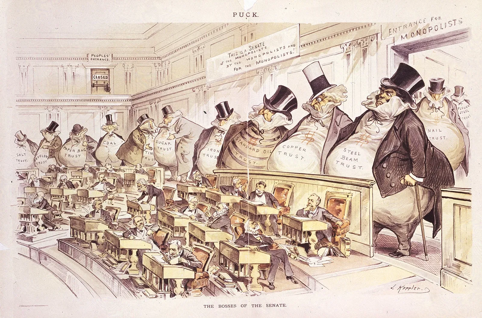 The Bosses of the Senate, a political cartoon by Joseph Keppler depicting wealthy industrialists and corporate interests towering over senators, published in Puck magazine