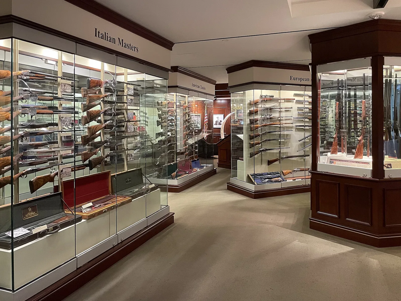 Interior view of the National Firearms Museum located in Fairfax, Virginia, showing display cases and exhibits