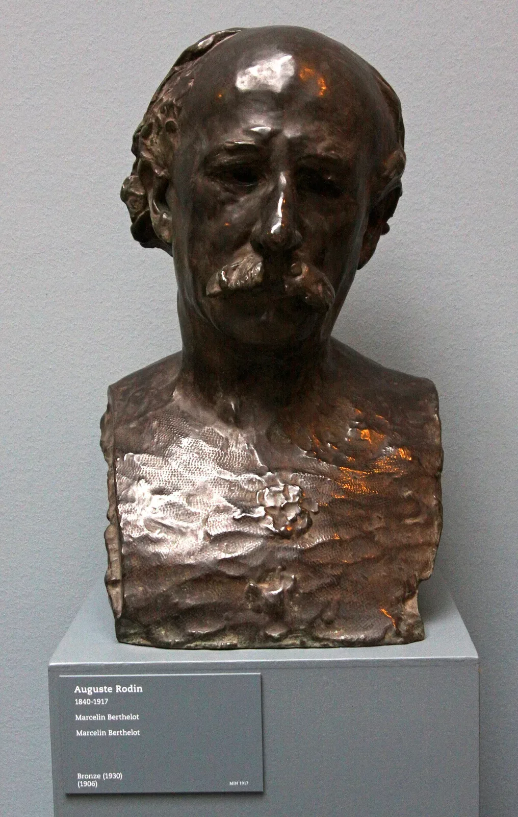 Bronze bust sculpture of Marcellin Berthelot by Auguste Rodin, cast in 1930, showing the head and shoulders of the French chemist