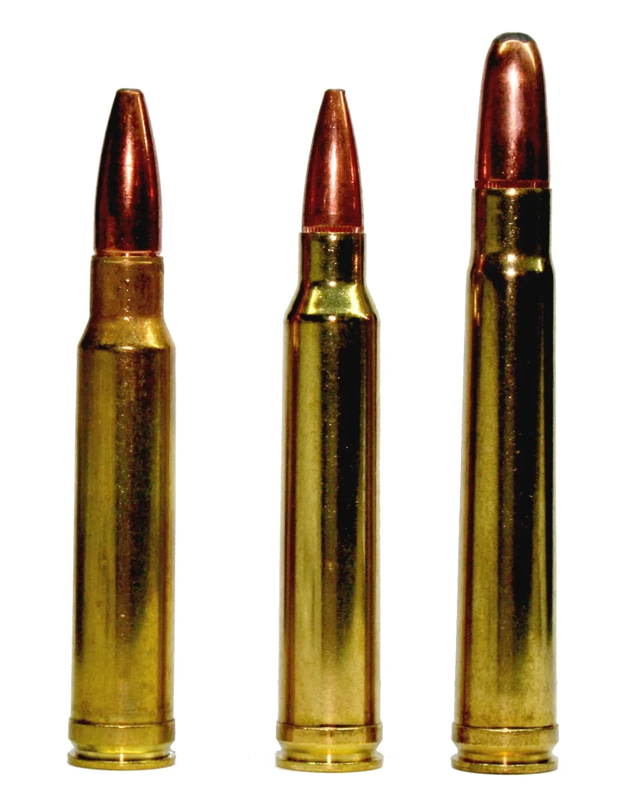 Three rifle cartridges arranged left to right: .338 Winchester Magnum, .300 Winchester Magnum, and .375 Holland & Holland Magnum, shown at actual size for comparison.