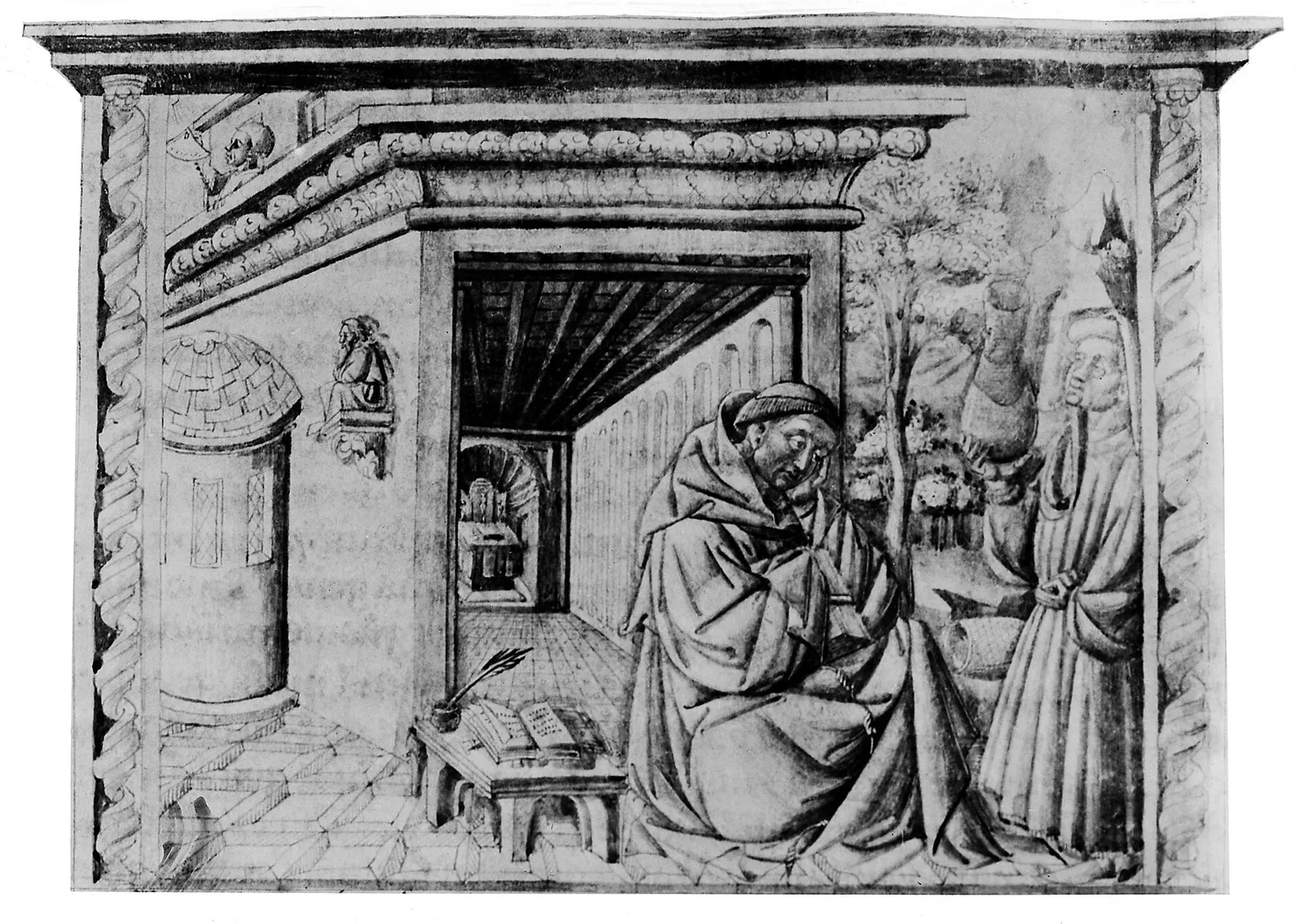 Portrait of Roger Bacon, a medieval friar with tonsured head, wearing Franciscan robes, depicted in formal scholarly attire typical of 13th-century iconography.