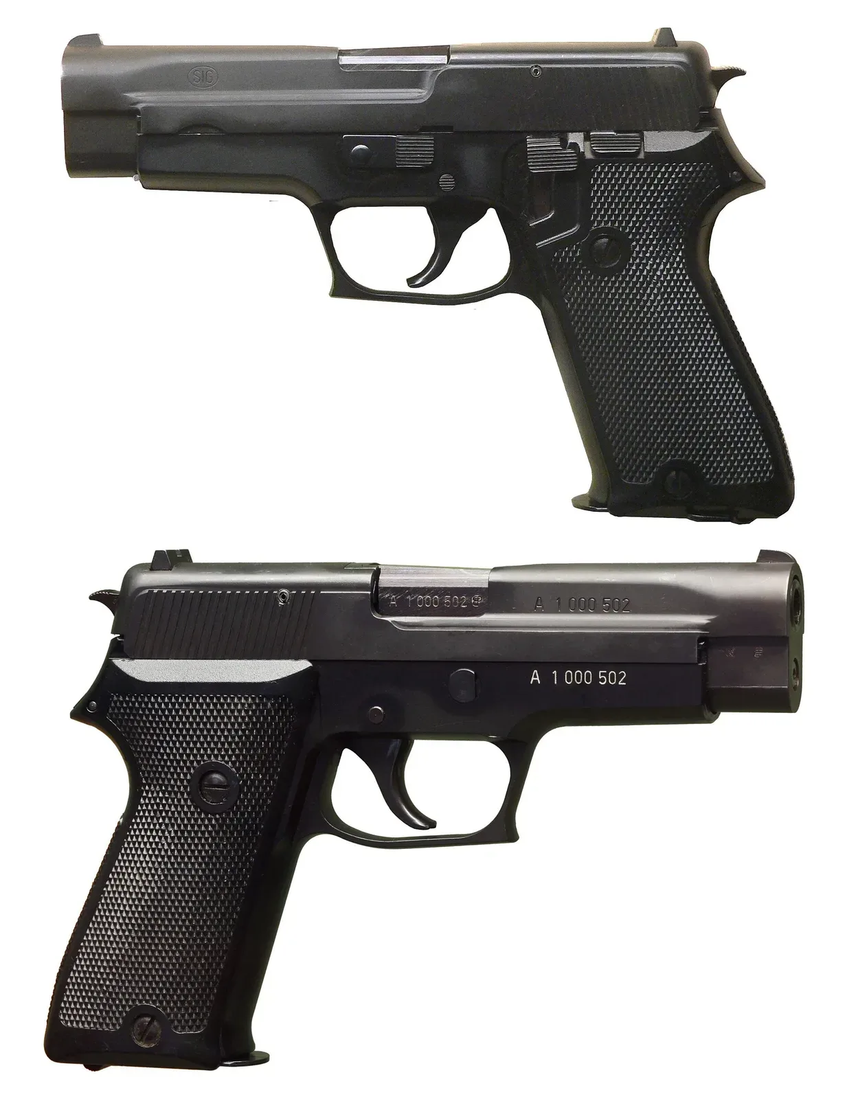 SIG P220 semi-automatic pistol displayed from two angles showing left and right profiles, exhibited at Morges military museum.