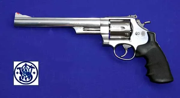 Smith & Wesson Model 629 revolver with 8 3/8 inch barrel in stainless steel, displayed against a plain background