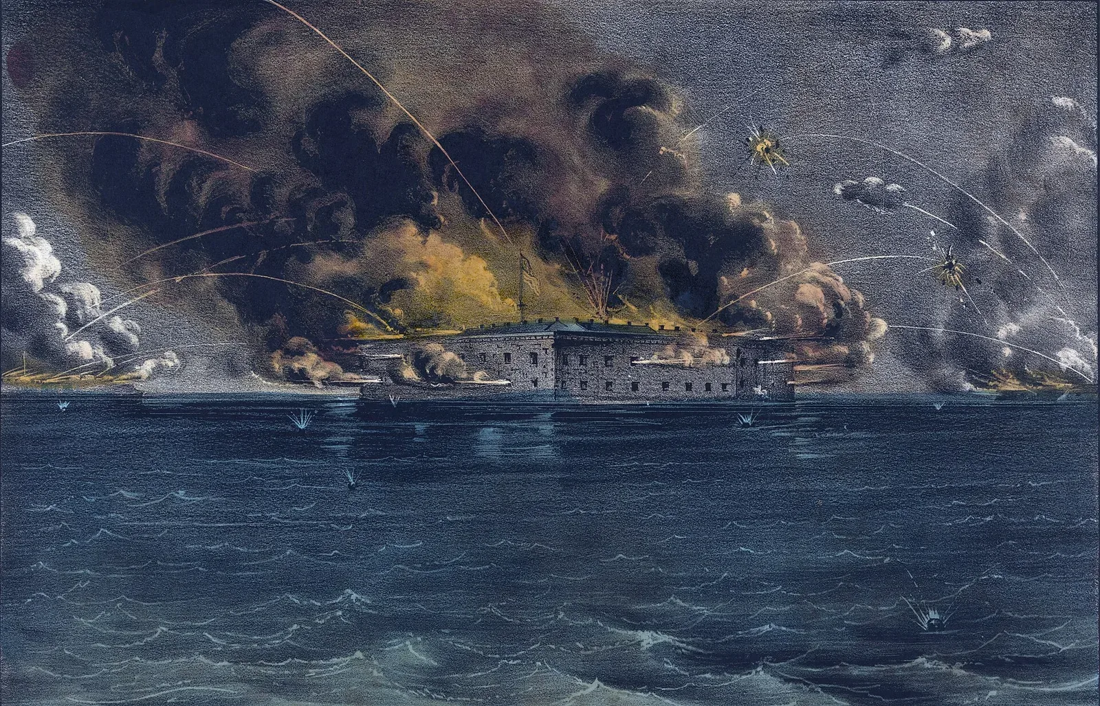 Contemporary illustration depicting the Confederate bombardment of Fort Sumter in Charleston Harbor, April 1861, showing artillery fire and smoke from multiple gun positions.
