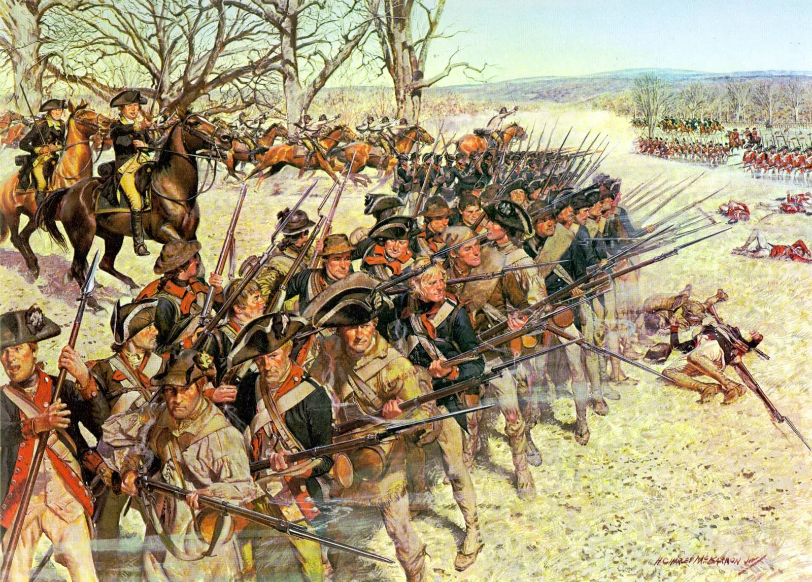 Painting of the Battle of Guilford Courthouse depicting American and British forces engaged in combat on March 15, 1781, with soldiers in formation, cavalry, and smoke from musket fire.