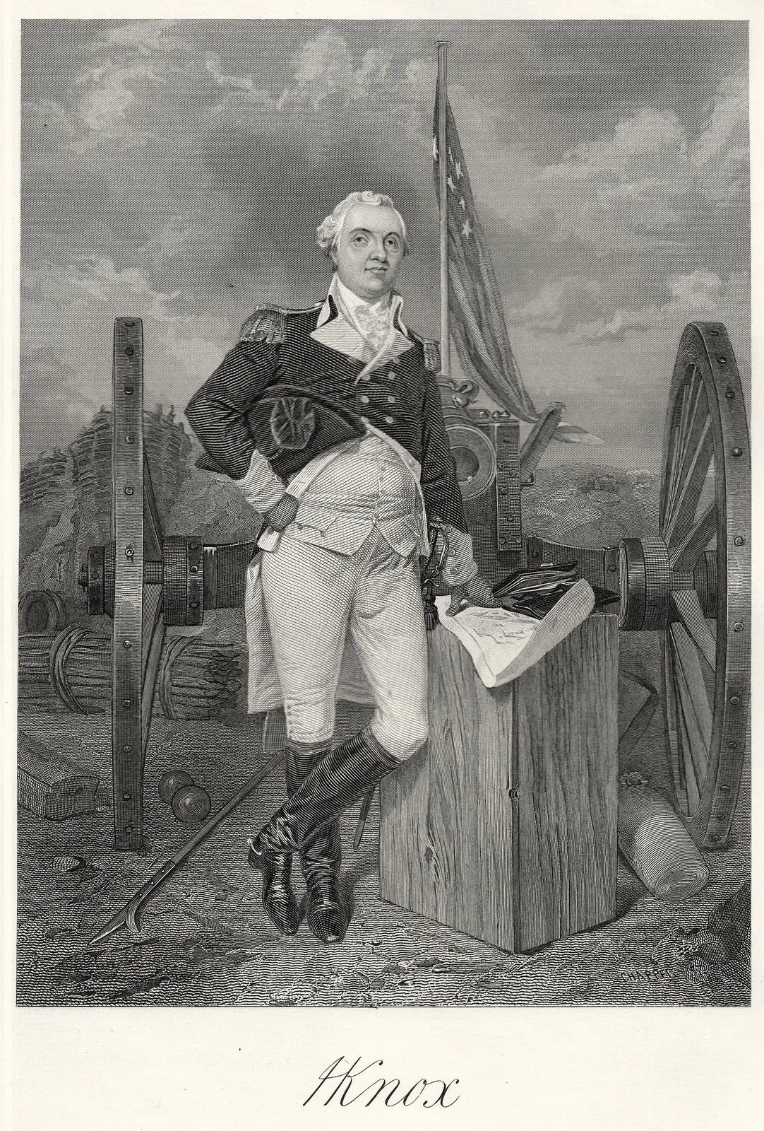 Steel engraving portrait of Major General Henry Knox with signature, showing him in military uniform