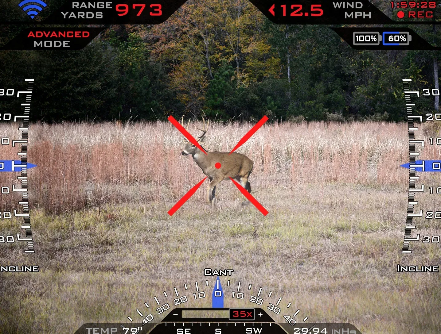 Screenshot of a precision guided firearm heads-up display (HUD) showing targeting reticle, ballistic calculations, and wind/environmental data overlays on the scope's digital screen.