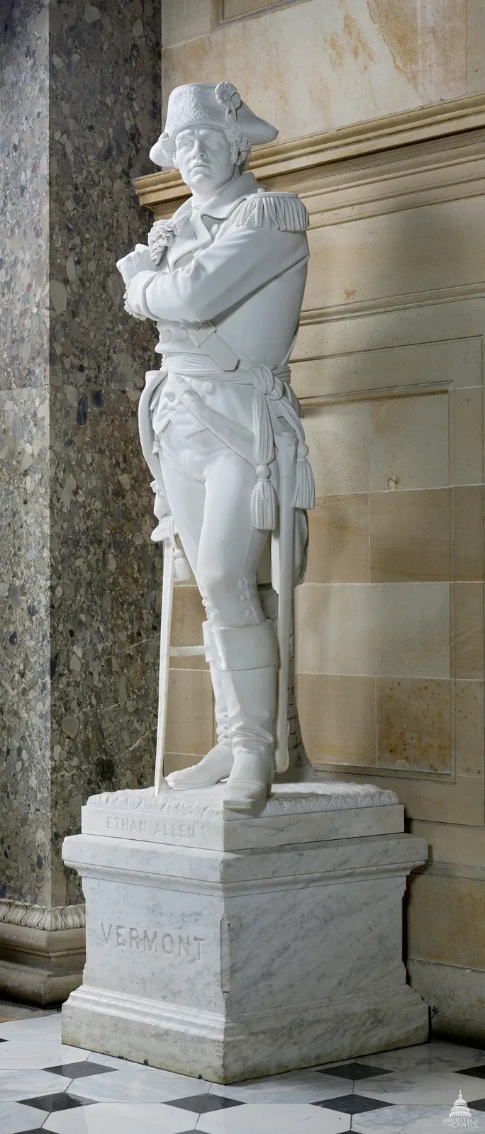 Marble statue of Ethan Allen (1738-1789) by sculptor Larkin G. Mead, installed in the National Statuary Hall in 1876, showing the Vermont Revolutionary War leader in standing pose