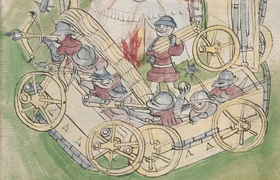 A 15th-century sketch depicting a Hussite Wagenburg formation, showing wagons arranged in a defensive circular or semicircular configuration with armed soldiers positioned around them.