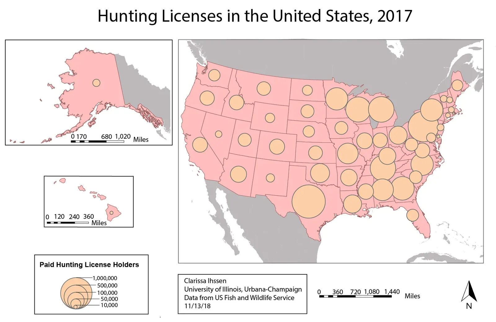 A choropleth map of the United States showing the distribution of hunting licenses purchased by state in 2017, with color gradation indicating relative license volumes.