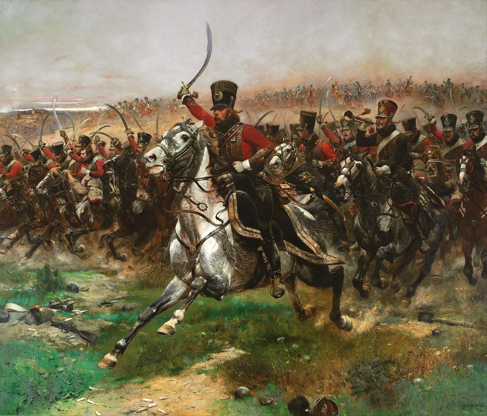 Oil painting depicting mounted cavalry soldiers in military uniforms charging on horseback during the Charge of the 4th Hussars at the Battle of Friedland, June 14, 1807