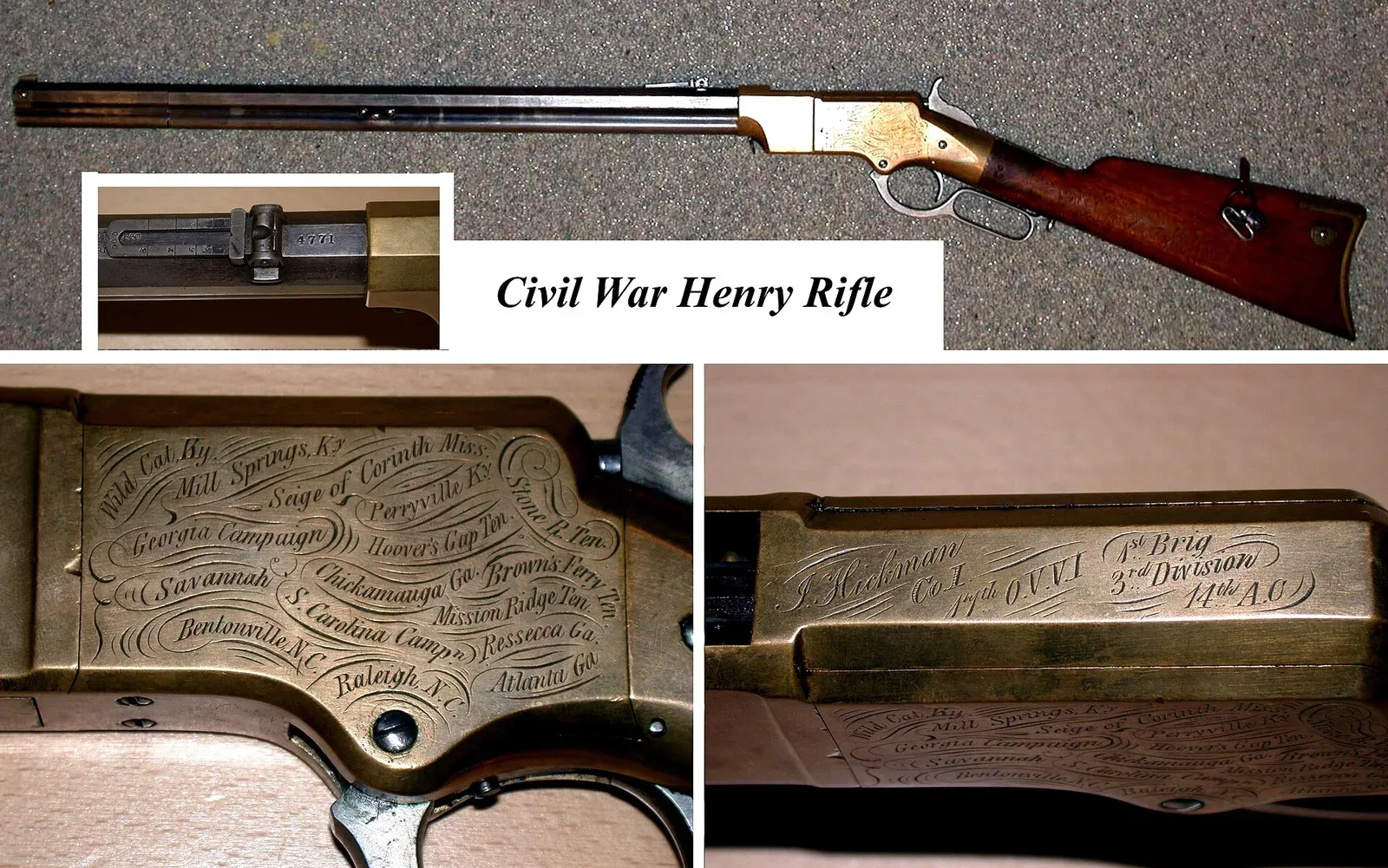 An 1860 Henry rifle, serial number 4771, shown in full length profile view. The rifle features a brass receiver, wood furniture, and a tubular magazine beneath the barrel.