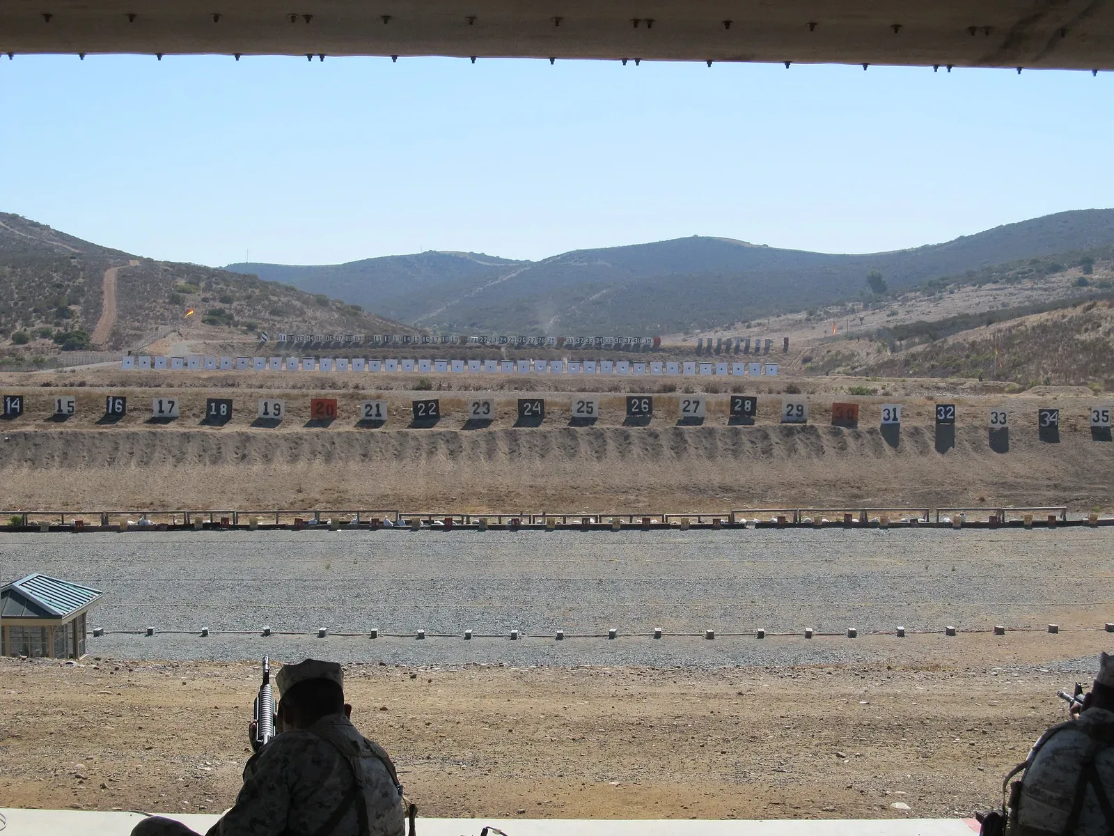 Outdoor firing range with multiple target stations set up at different distances for shooting practice