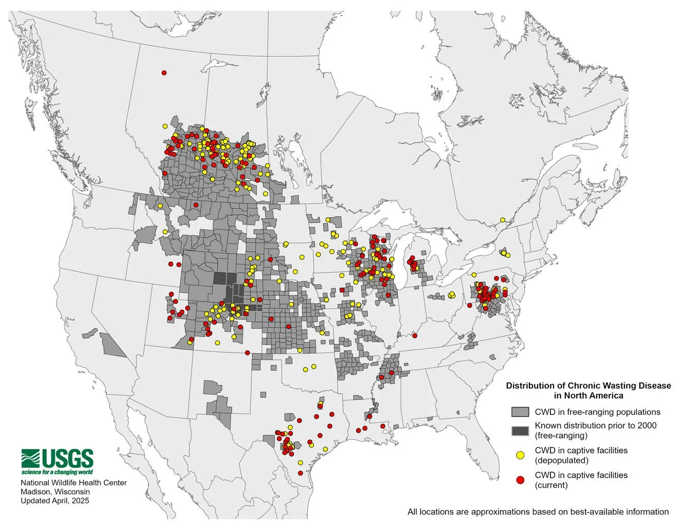 Map of North America showing the geographic distribution of chronic wasting disease across states and provinces as of April 2025, with affected areas highlighted.