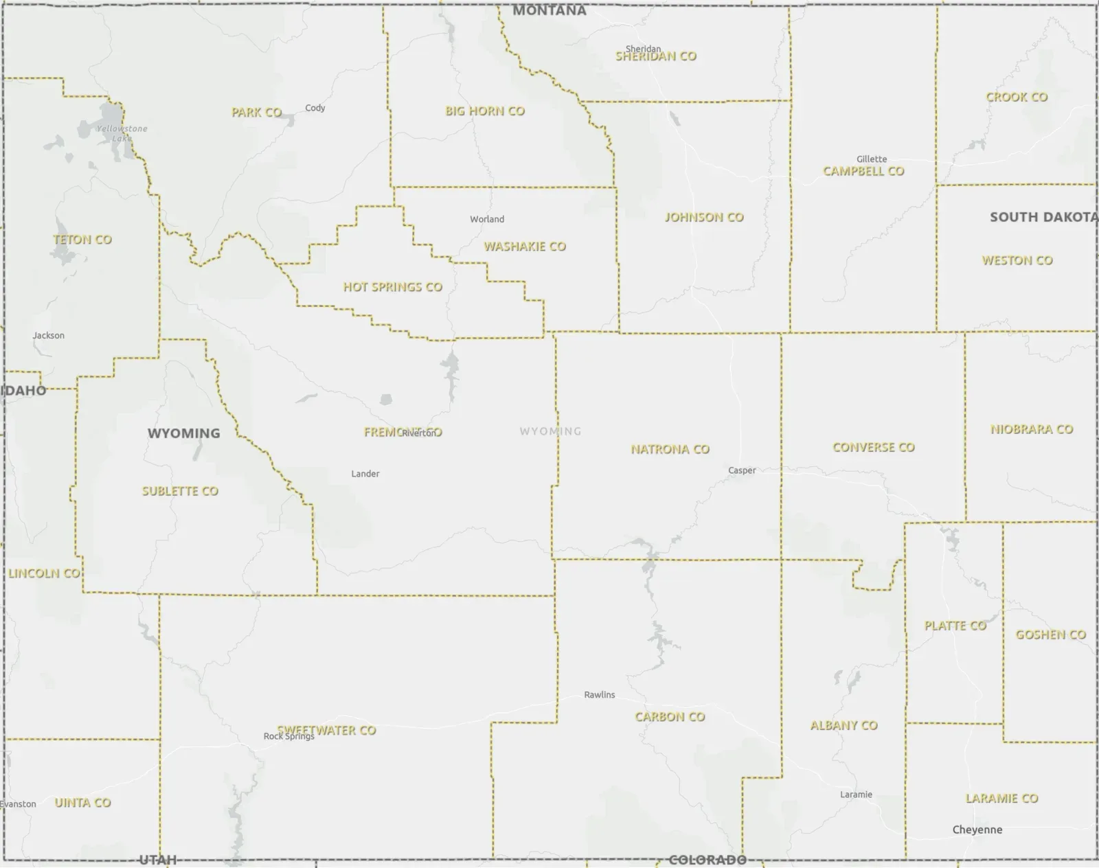 USGS map of Wyoming showing state boundaries and county divisions in color-coded regions